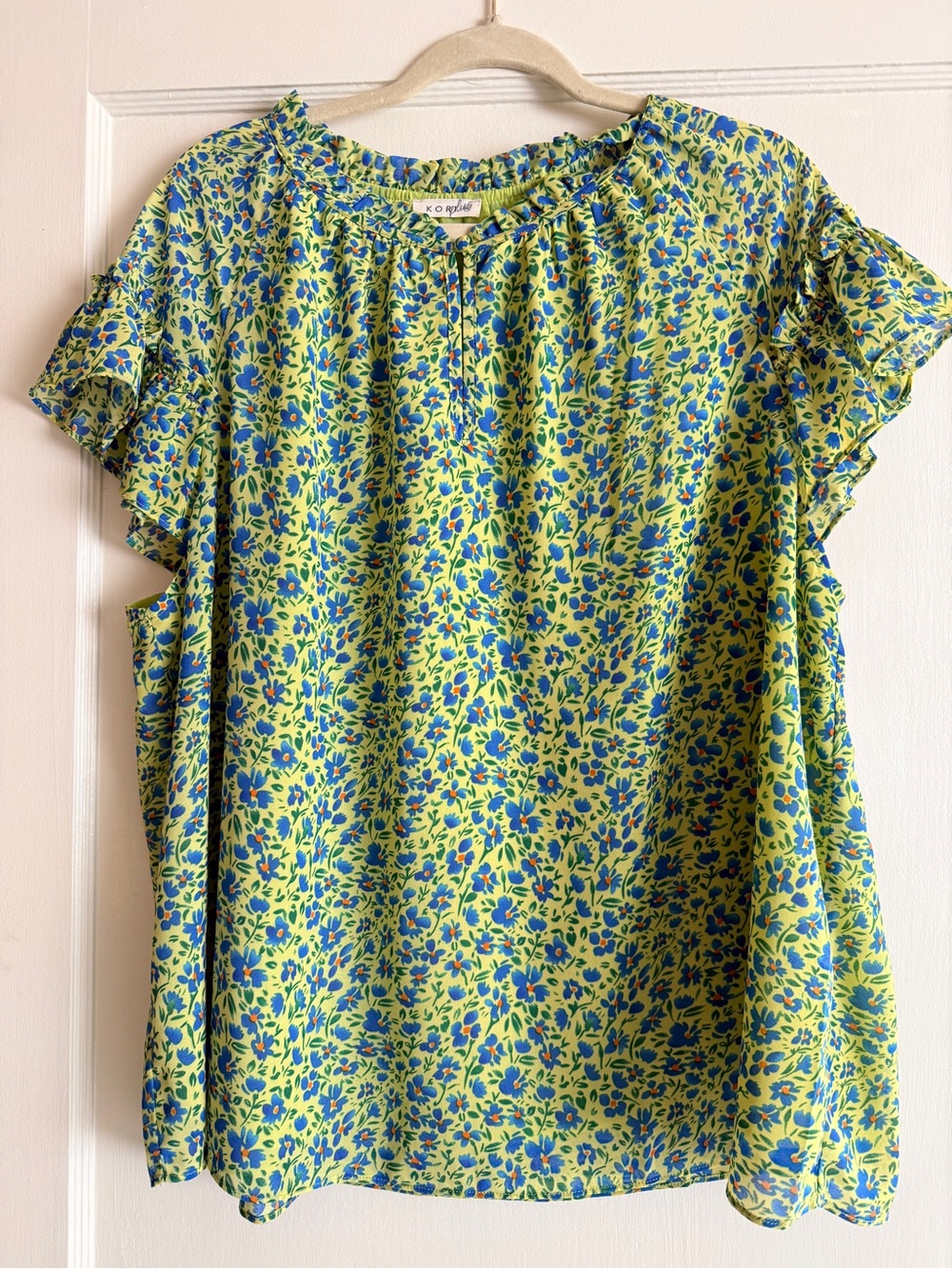 K O R I Floral Ruffle Sleeve Top in Lime Green & Blue